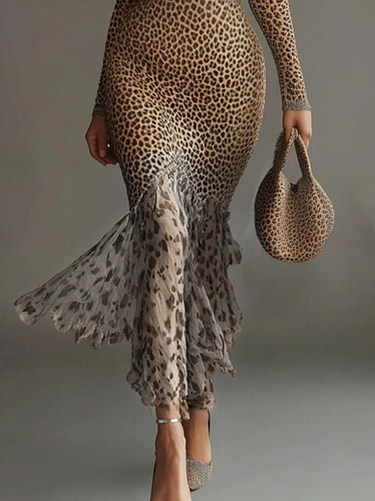 24-Hour-Shipping Leopard Print Deep V-Neck Mermaid Dress