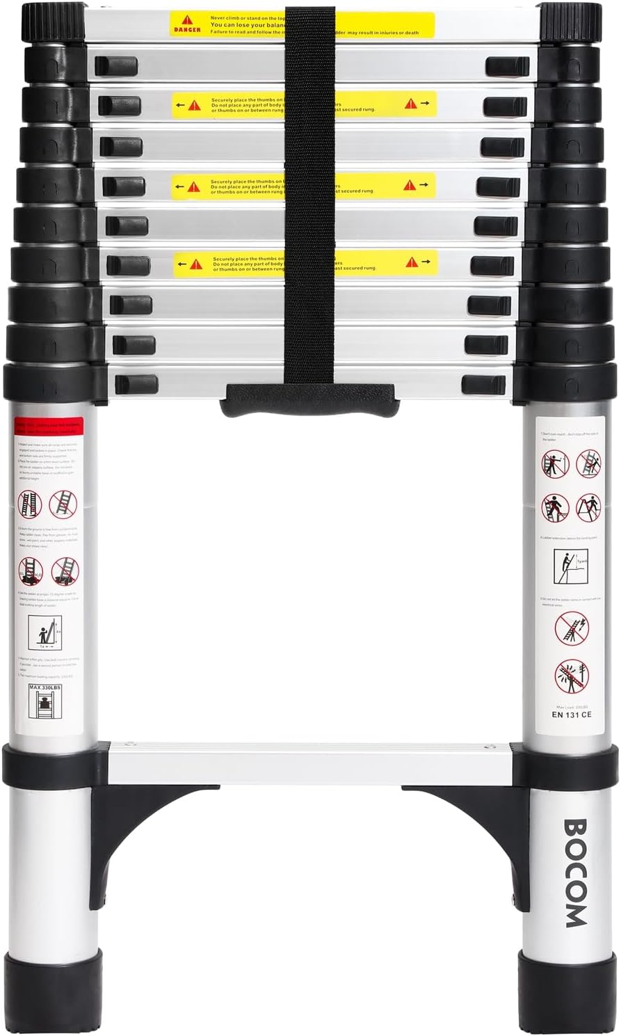 Lightweight, multi-functional, foldable aluminum telescopic ladder with two triangular stabilizers; maximum load capacity 330 lbs.