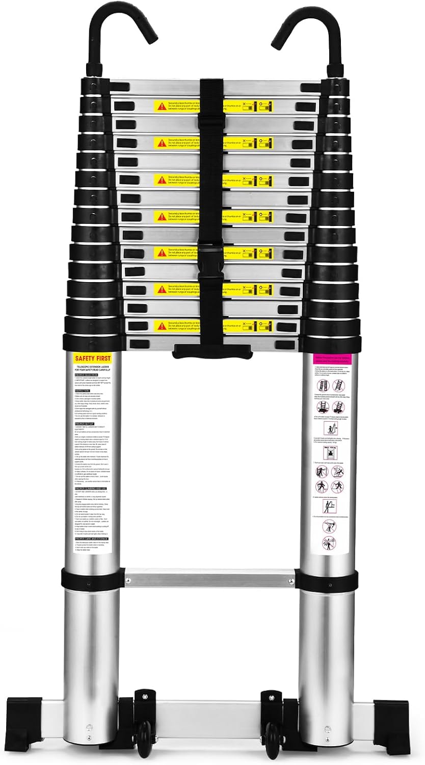 Lightweight aluminum telescopic ladder with 2 triangular stabilizers, maximum load capacity 330 lbs.