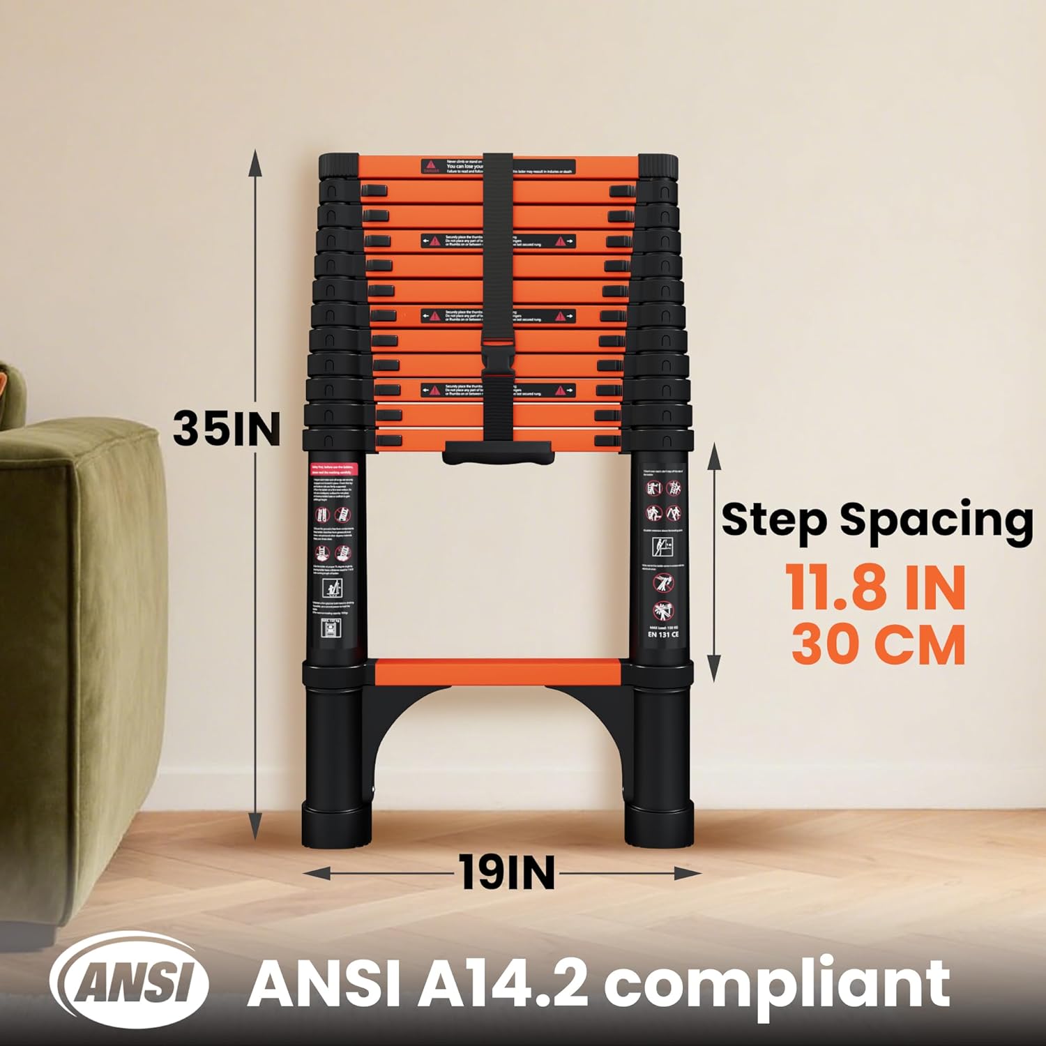 Telescopic ladder, aluminum alloy telescopic ladder, 330 lbs load capacity, multi-purpose foldable ladder for home and office use; orange