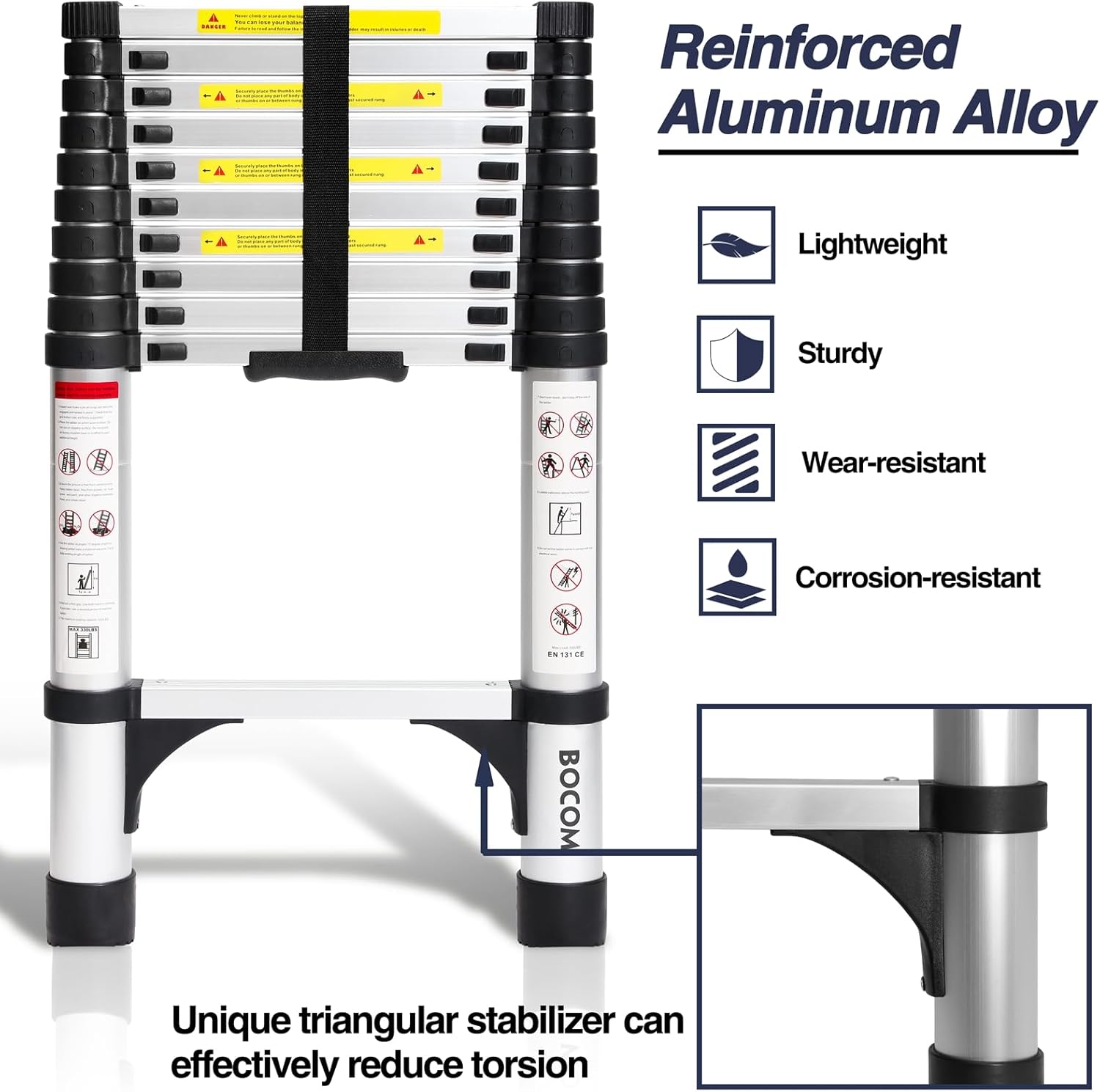Lightweight, multi-functional, foldable aluminum telescopic ladder with two triangular stabilizers; maximum load capacity 330 lbs.