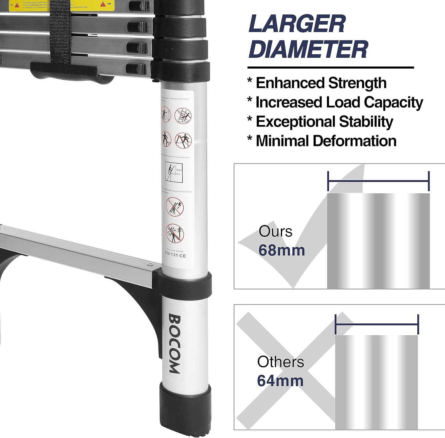 Lightweight, multi-functional, foldable aluminum telescopic ladder with two triangular stabilizers; maximum load capacity 330 lbs.