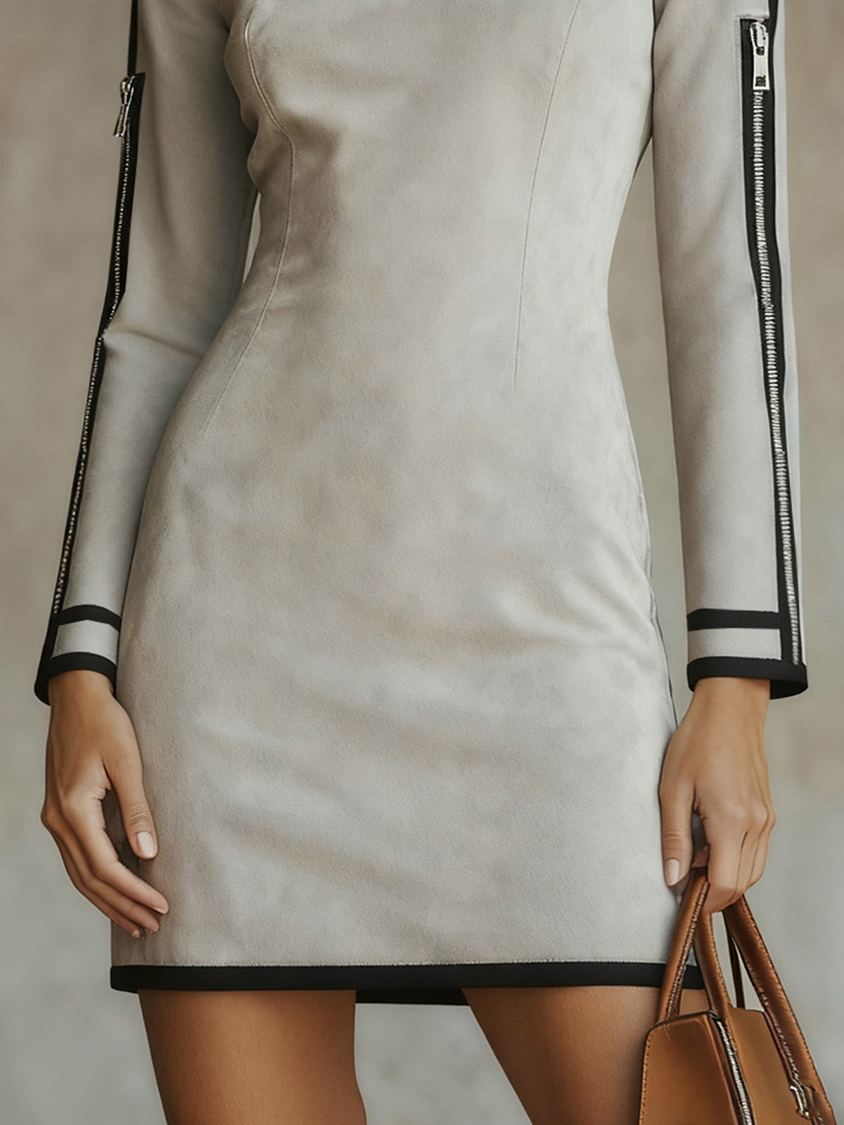 24-Hour-Shipping Gray Faux Suede Mock Neck Mini Dress With Zip Sleeve Detail