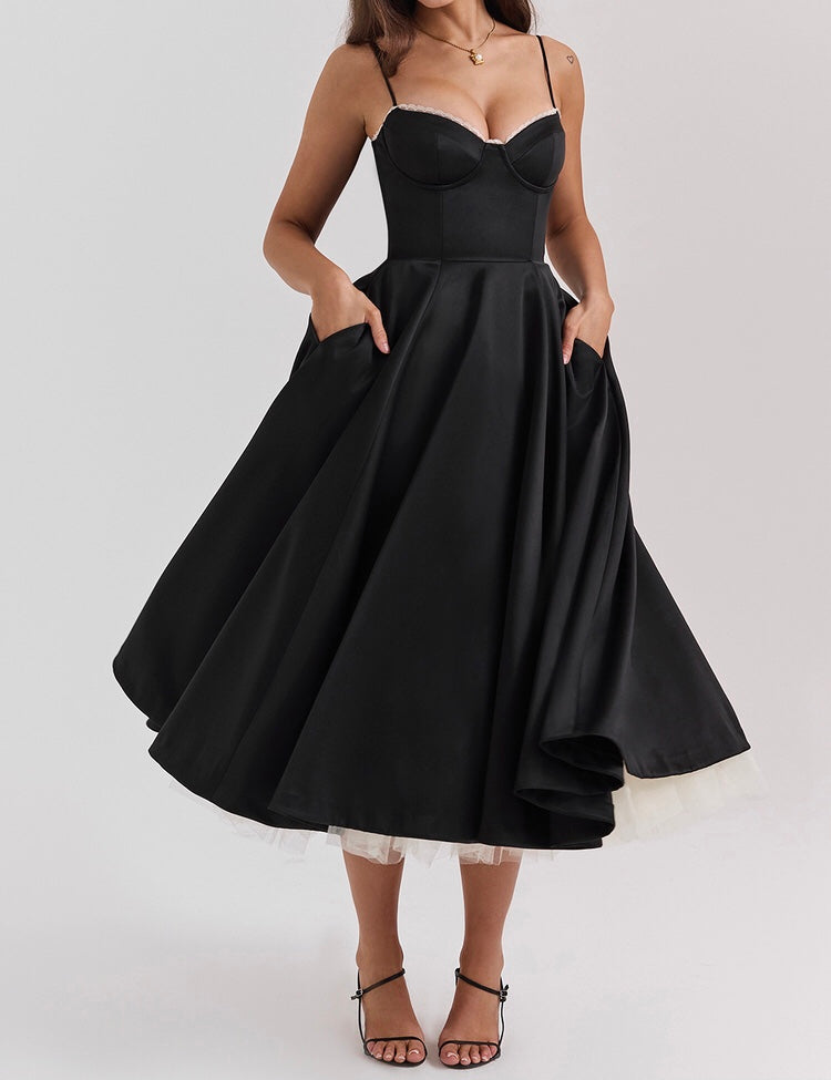 'Mademoiselle' Black Tulle Midi Dress