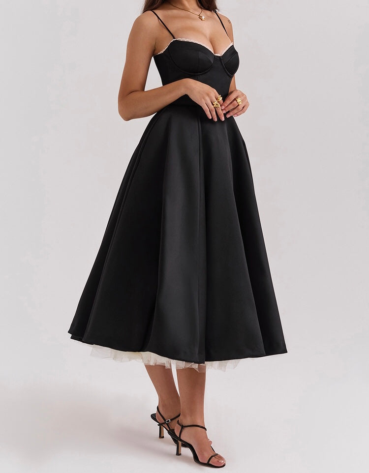 'Mademoiselle' Black Tulle Midi Dress