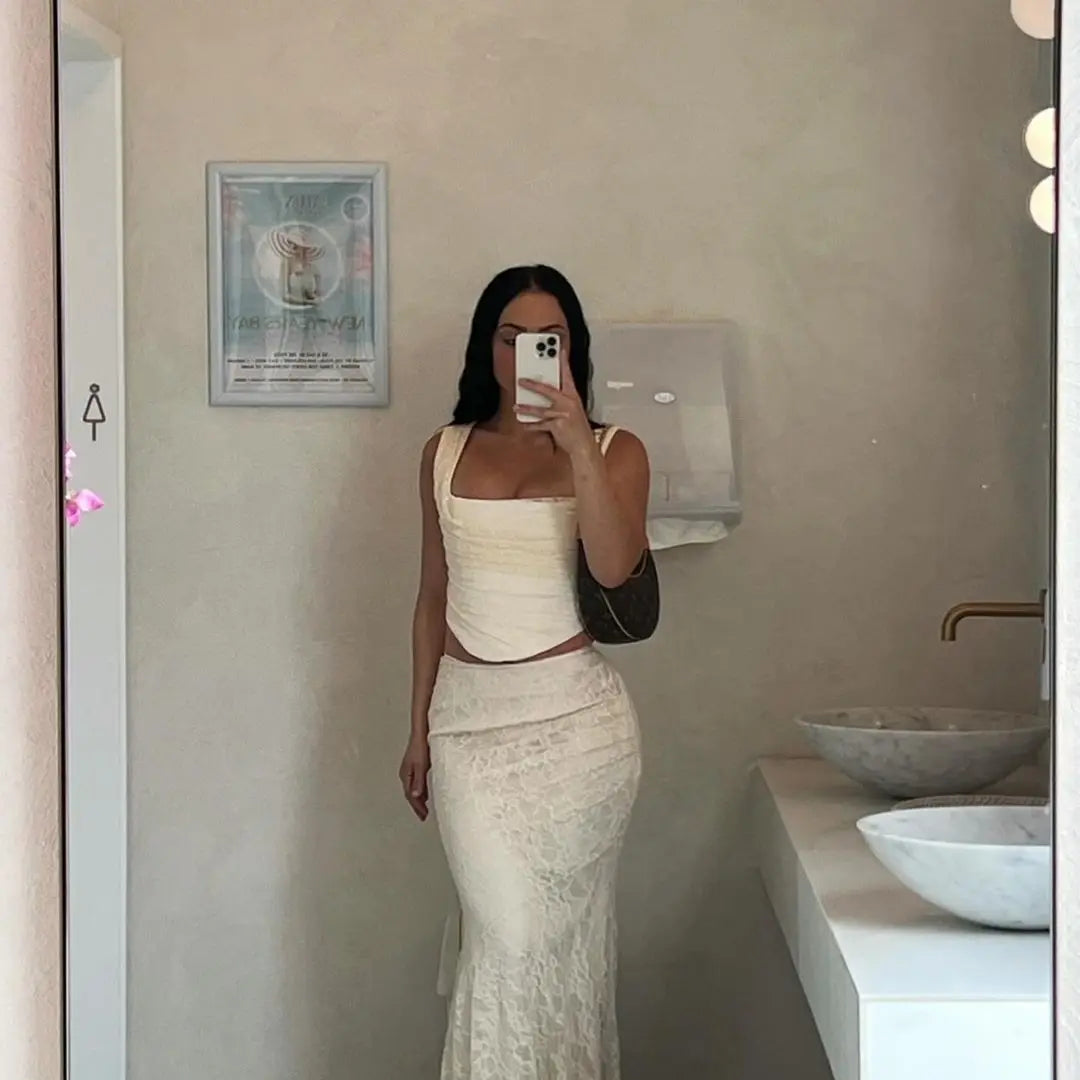 2 Piece Dress Set Beige Top and Long Mermaid Skirt