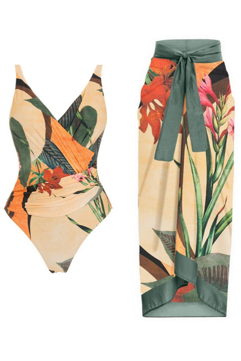 Backless Printed One Piece Swimsuit  Set