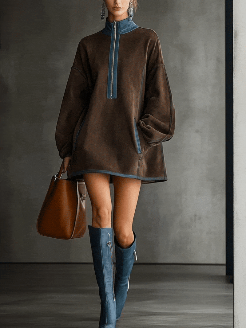 24-Hour-Shipping Brown Faux Suede Fleece High-Neck Zip-Up Oversized Mini Dress
